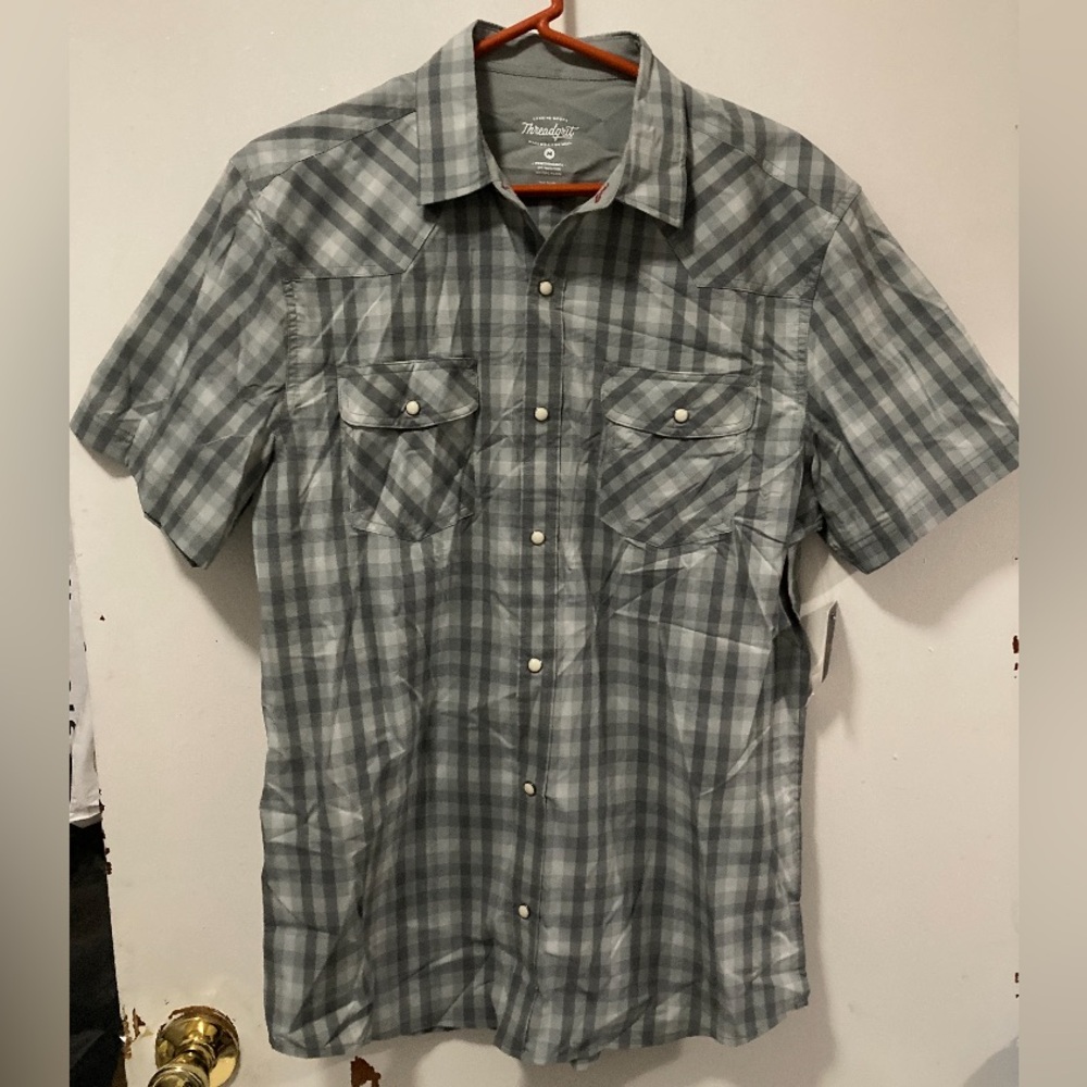 Threadgrit Men’s Grey Combo Short Sleeve Western Shirt Medium UPF Protection NWT